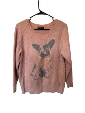 Super Soft Medium Pink Sweater with Frenchie Jeweled Dog sz L